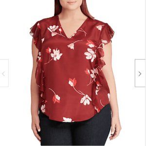 Ralph Lauren Floral-Print Ruffled Crepe Blouse 2X